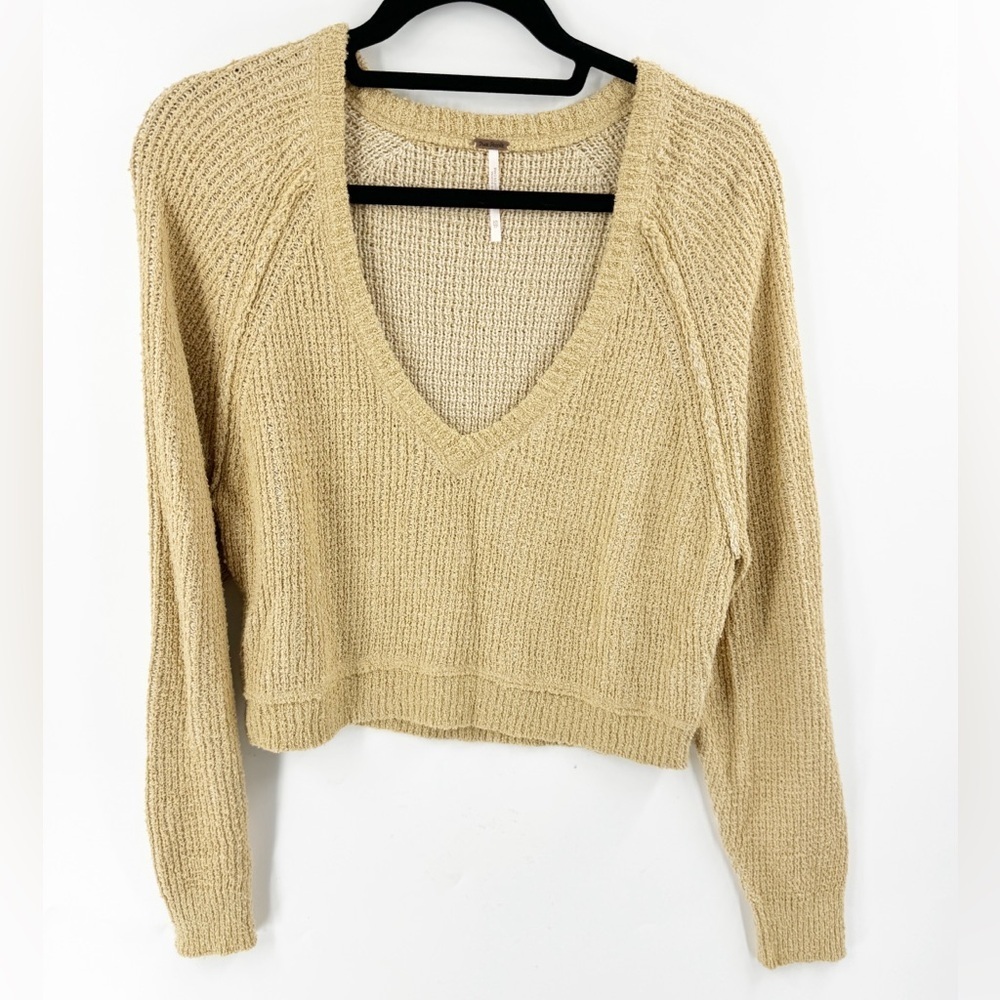 ✅ FREE PEOPLE V-NECK COTTON BLEND CROPPED SWEATER TAN SIZE‎ X-SMALL OVERSIZED